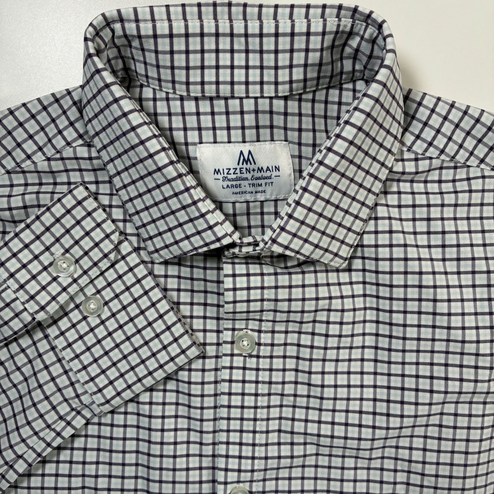 Mizzen+Main Dress Shirt Large Trim Fit White Blue Check Performance